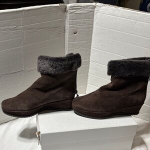 Stuart Weitzman suede sheared lamb lined fur platform ankle boots. Made in Spain